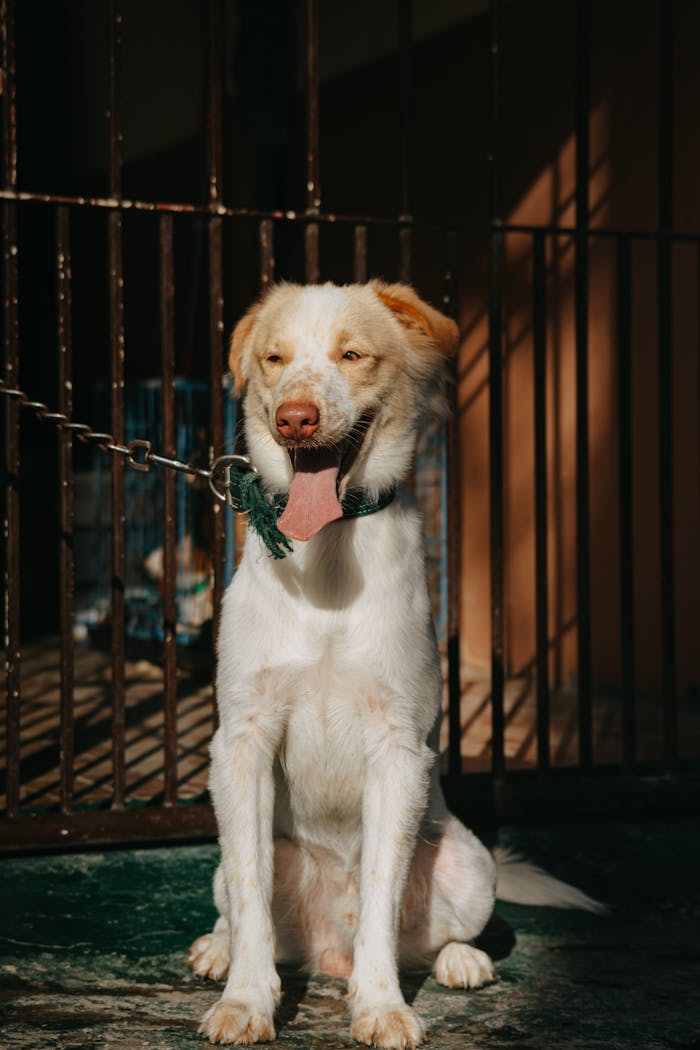 A white and brown dog sits near a cage under sunlight, wearing a leash.